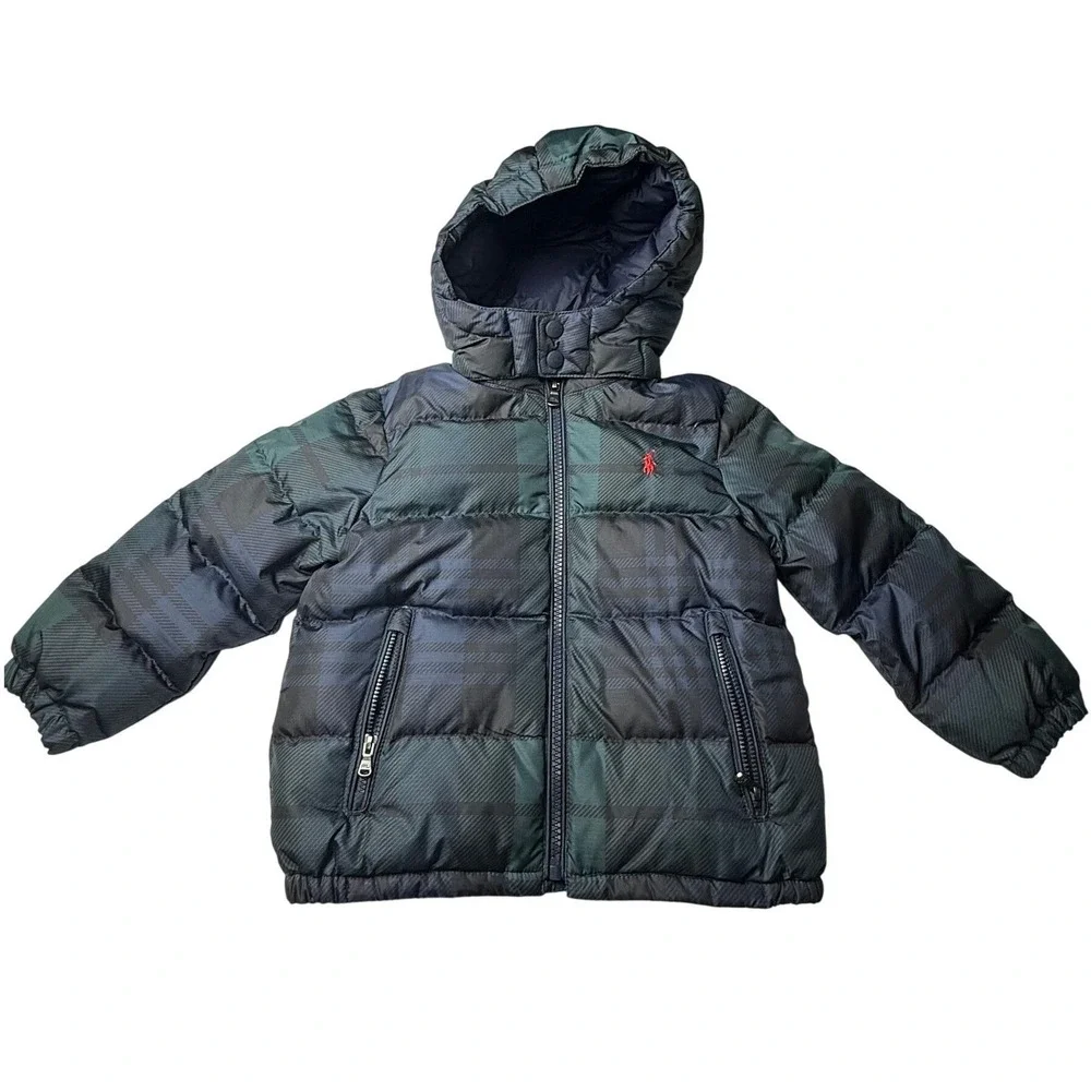 Polo Ralph‎ Lauren Toddler Boys Plaid Down Puffer Hooded Size 3T Green Blue Red